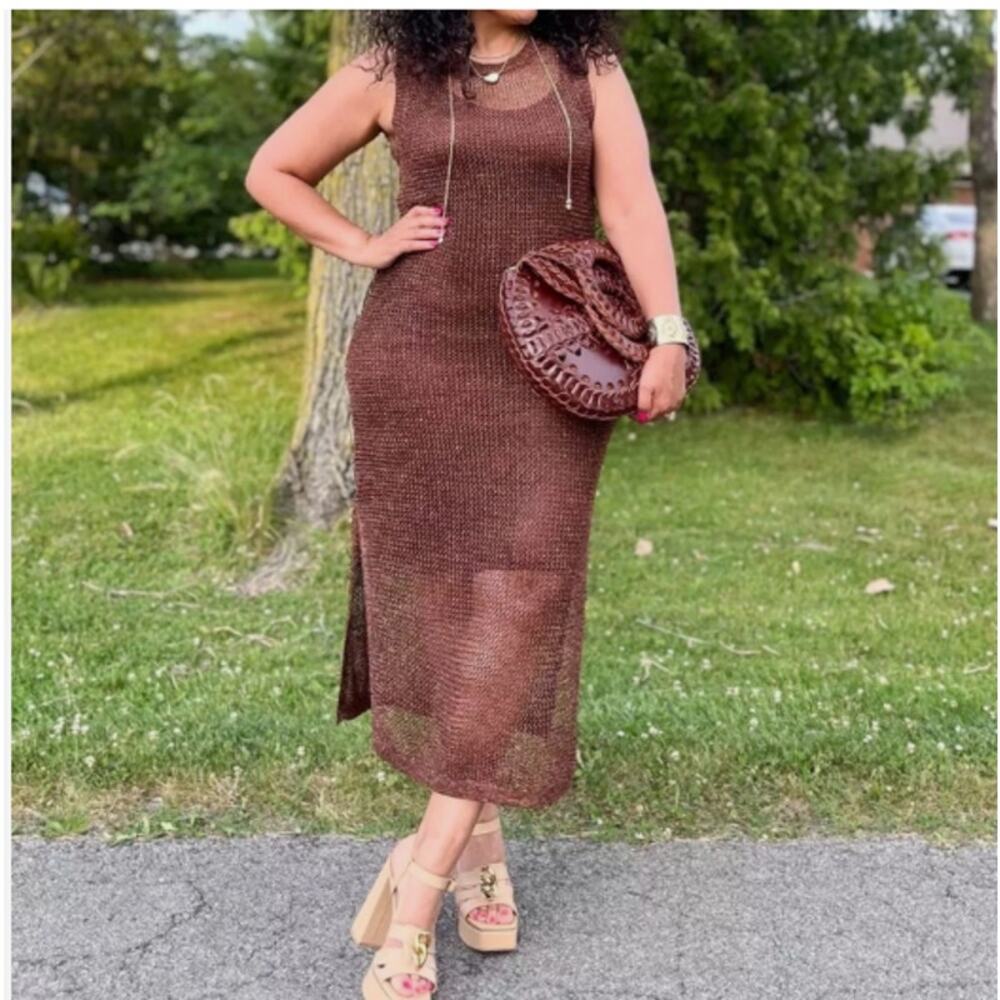 Openwork Midi Tank Dress Brown Metallic X-Small NWT- A New Day